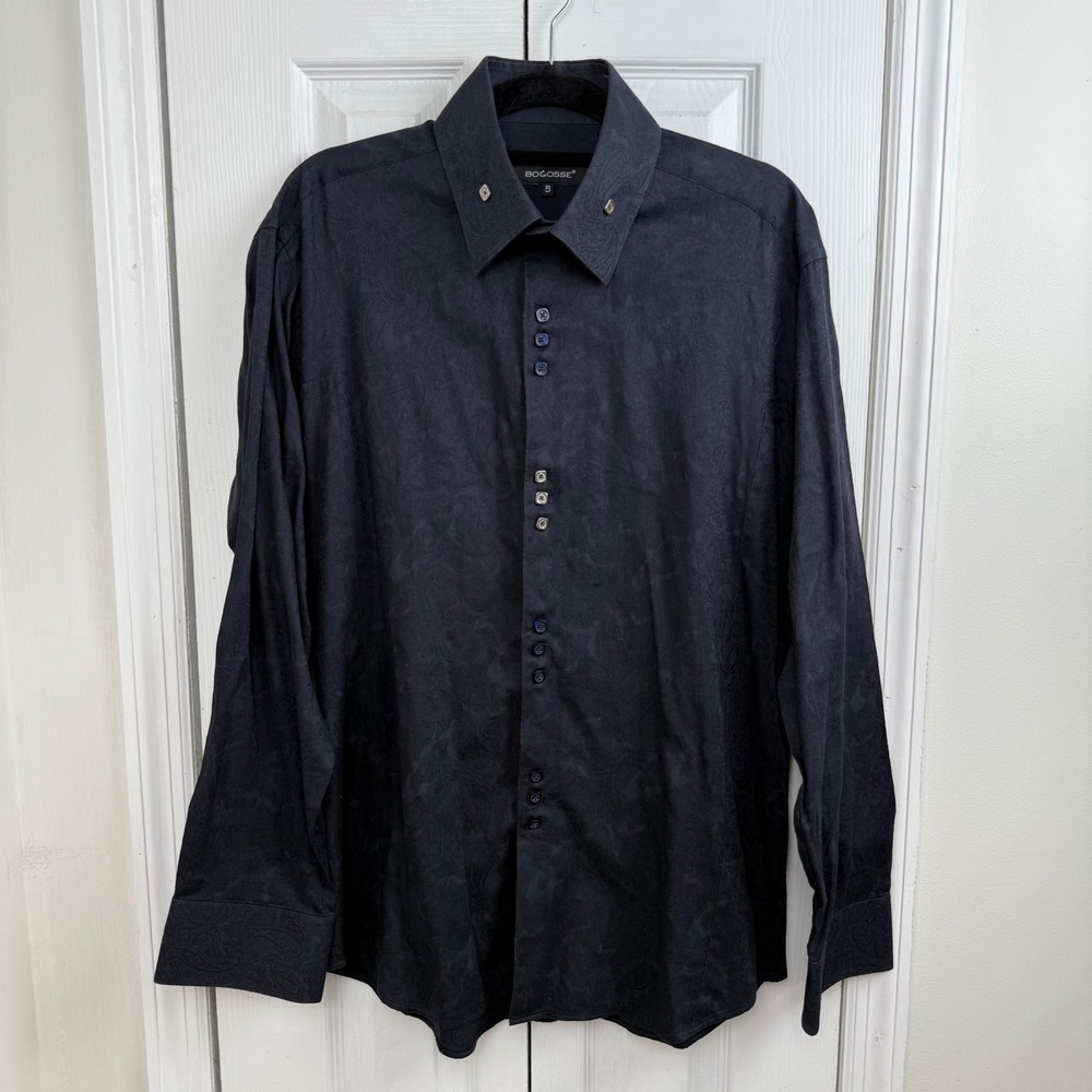 BOGOSSE Mens 100% Cotton Paisley Jacquard Dress Shirt Size 5‎ XL Navy Blue